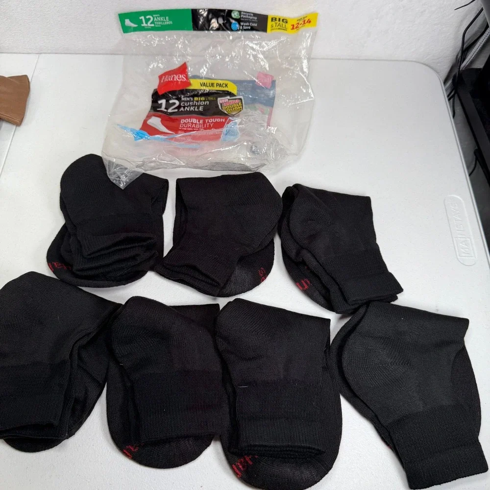 Hanes 12-14 7 Pair Ankle Socks Big & Tall Black Double Tough Cushion 145V12
